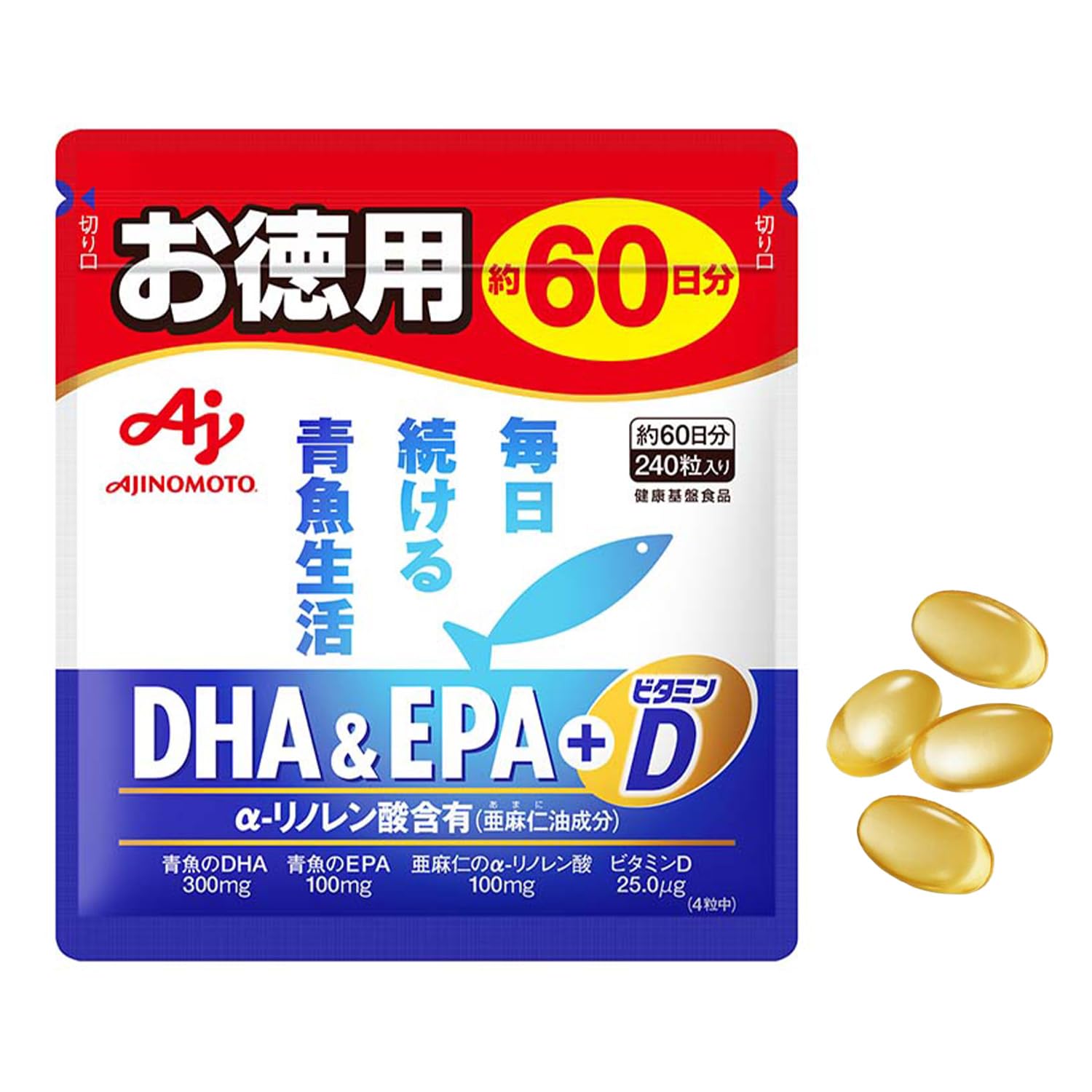 Amazon.co.jp: 味の素 DHA&EPA+ビタミンD 240粒入袋 (約60日分) オメガ